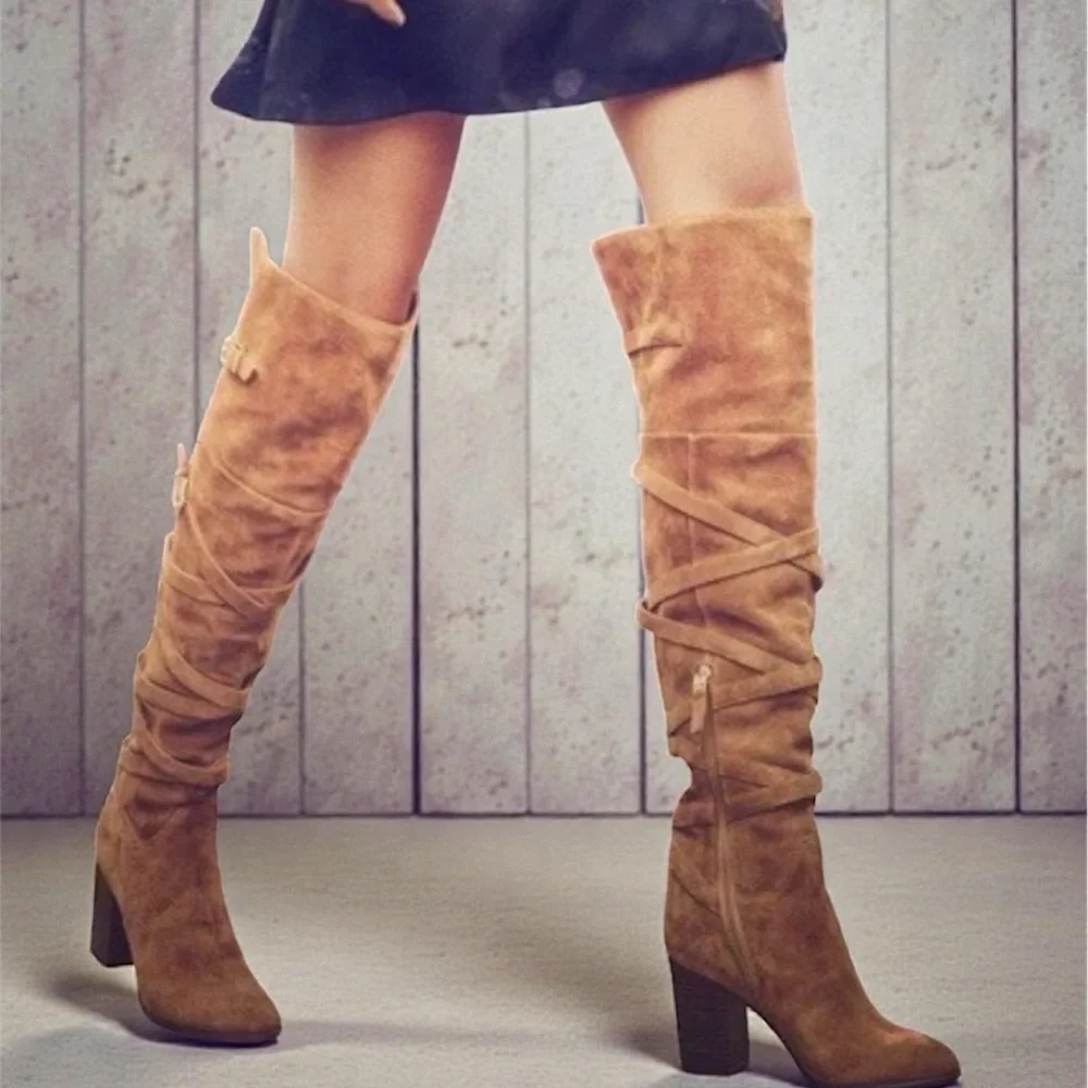 Sam Edelman Over the Knee Suede Boots Womens 8M Tan Block Heel Crisscross Wrap